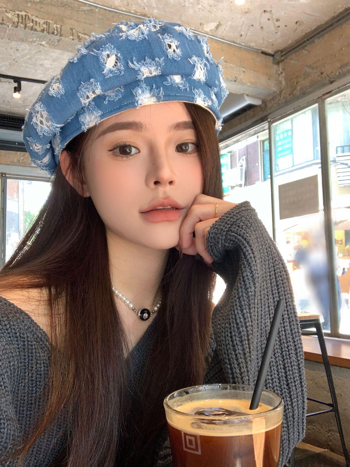 

Кепка с отверстием спереди, женская, осень и зима, новая мода, универсальная, антиберет, шляпа художника, прилив M（56-58cm） синий