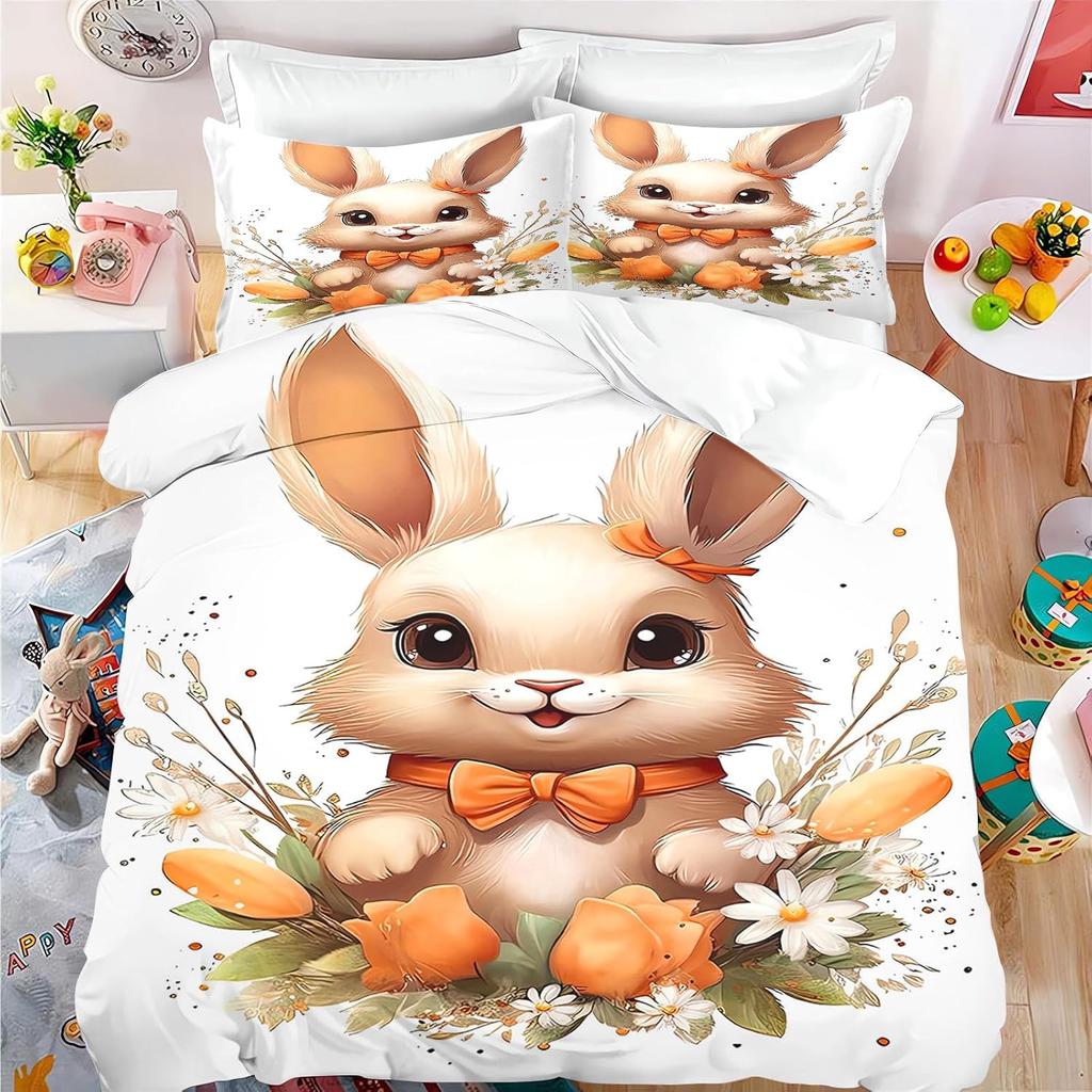 Cute Rabbit Bedding Set, Cartoon Bunny Duvet Cover for Kids Boys Girls, Rabbit Bedding Set Girl 2Pcs Comforter Cover Set