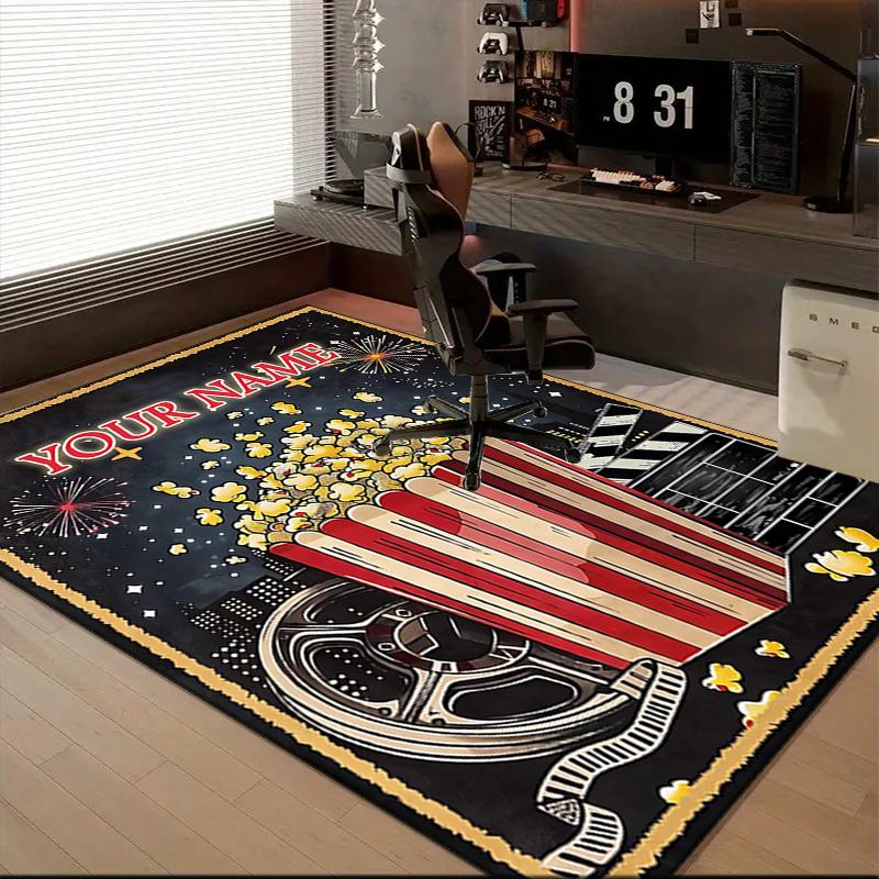 1PC Custom Name Movie Night Popcorn Party Theme Floor Mat Ideal for Living Room, Game Rooms, Office, Bedroom Floor Mat Playful Design