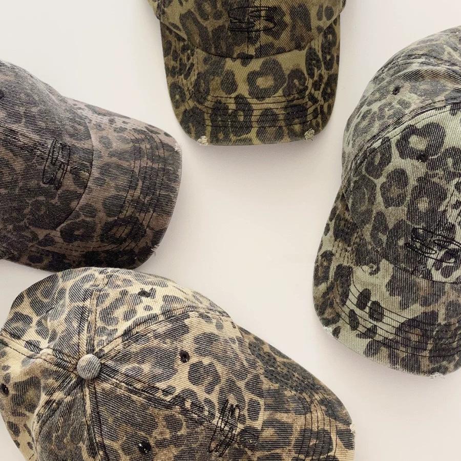 Korean Retro New Leopard Print Baseball Hat for Women In Spring and Autumn Ripped Old Street Casual Baseball Hat Showing Small Face