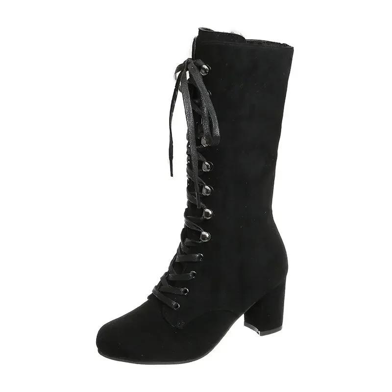 Winter Women Boots Shoes Fashion Vintage Lace-up Boots Women Round Cowboy High Heels Booties Shoes Woman Botas Mujer