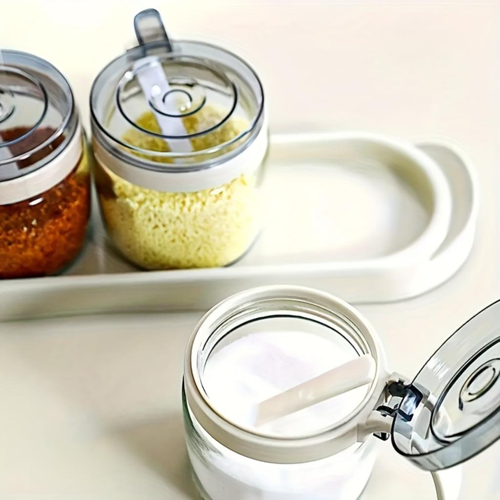 Küchengewürztopf-Set mit Gewürzbehältern, MSG-Topf, Salz- und Pfefferstreuer, Tablett - Kreative Würzung & Dekoration. Ölflasche