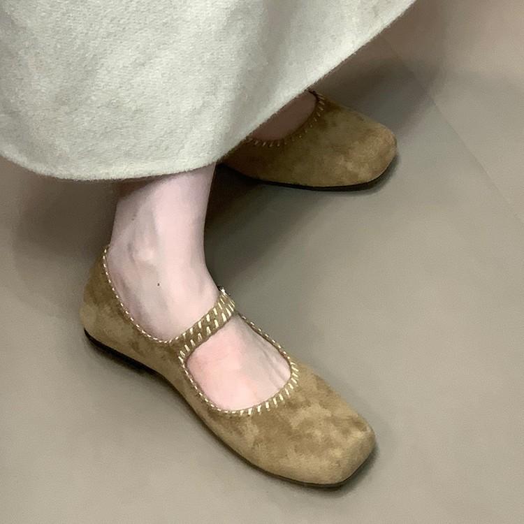 Blue Cabinet French Square Head Shallow Mouth Doudou Shoes Flat Single Shoes Women's 2025 Autumn New Retro Suede Mary Jane Shoes