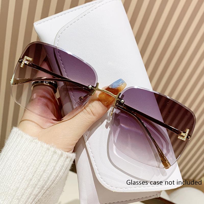 Autumn New Metal Rimless Sunglasses Trend Glasses Letter F Diamond-Encrusted Square Large Frame Sunglasses Female