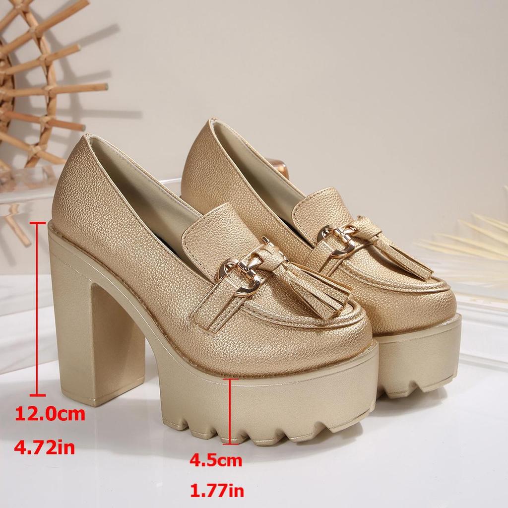 Women's Chunky Heel High Heel Shoes with Tassel Decoration - 2025 Autumn Collection in Plus Sizes