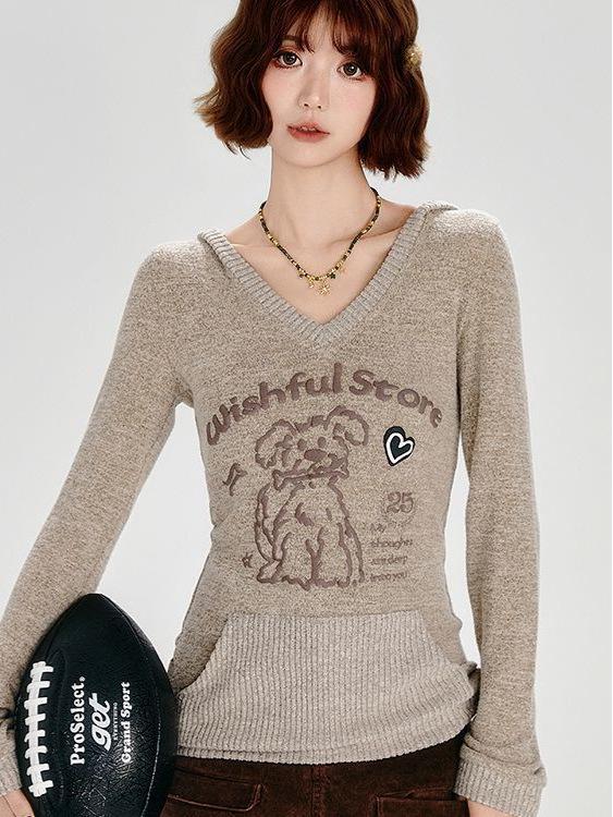 American Chic Slim-Fit Long-Sleeve Little Dog Hoodie for Women - Early Autumn Design