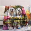Maltese dog and flowers,pattern Flannel Blanket, High quality Comfortable for All Seasons, Home Decor, Warmth and Comfort, Perfect for Gifts.