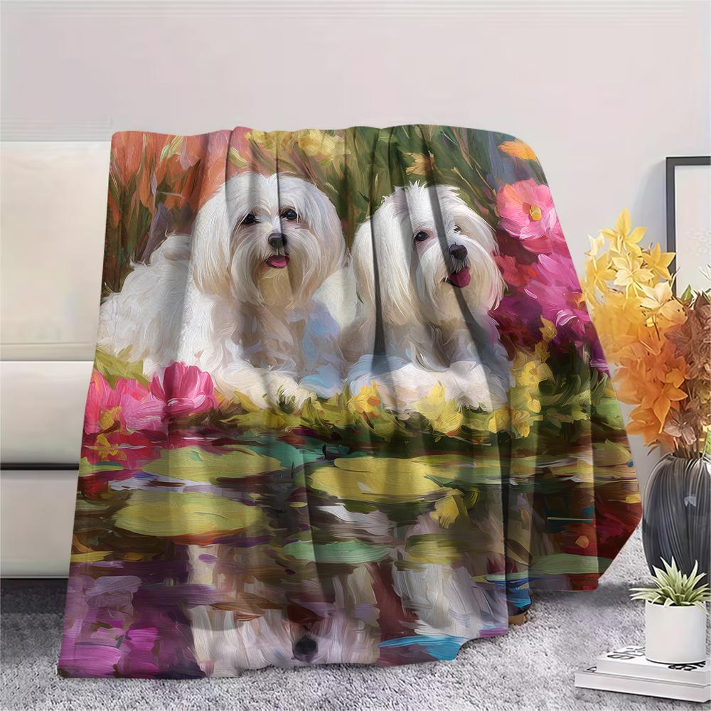 Maltese dog and flowers,pattern Flannel Blanket, High quality Comfortable for All Seasons, Home Decor, Warmth and Comfort, Perfect for Gifts.