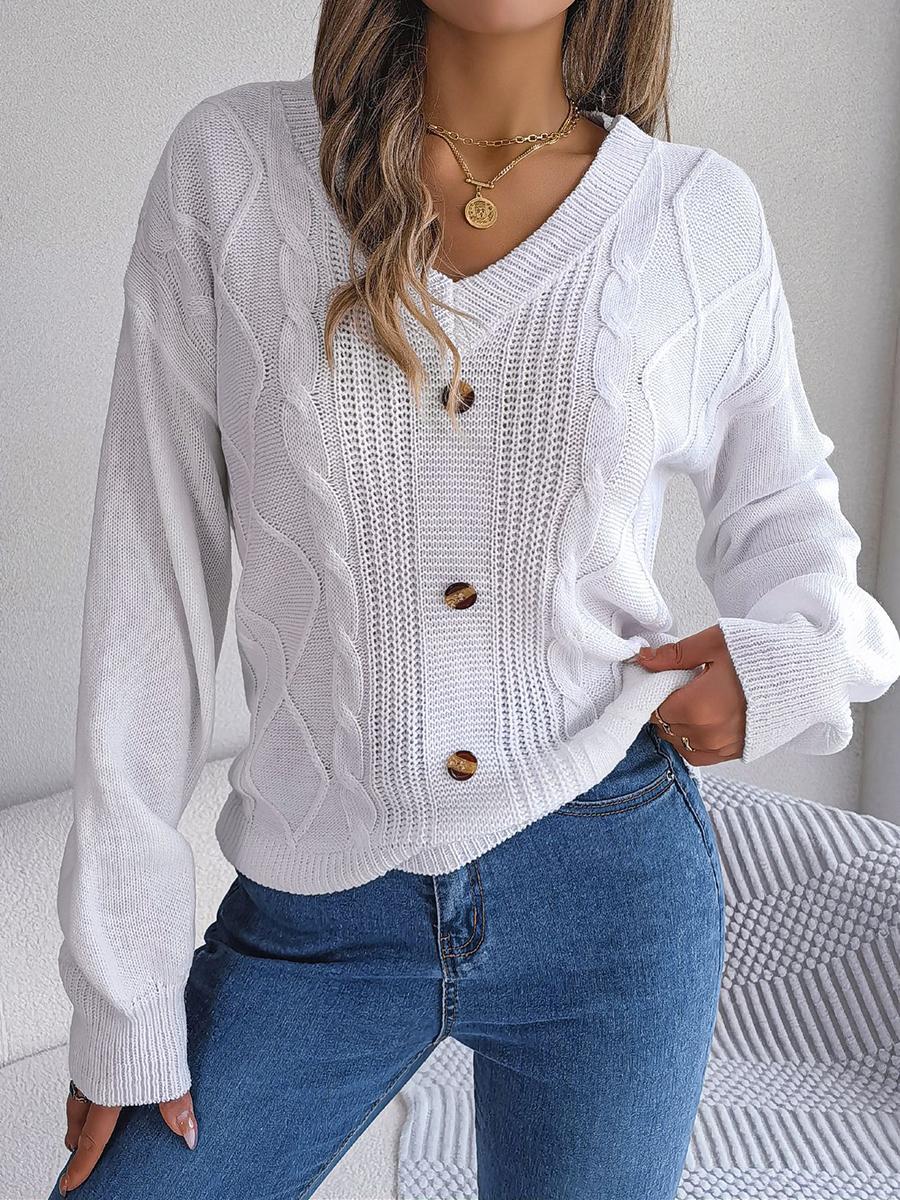 

Сплошной цветной пуловер с v-образным вырезом на пуговицах и рукавами-фонариками для женщин S белый