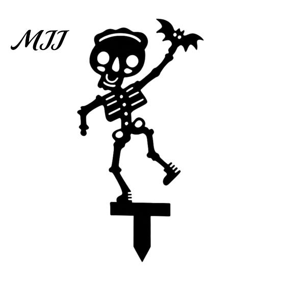 Halloween Skelett Trädgårdsstolpar Stolpe, Metall med Fladdermus Spindel Gårds konst Svart Silhuett Dekoration för Gräsmatta Blomsterrabatt Kyrkogård Landskapsarkitektur