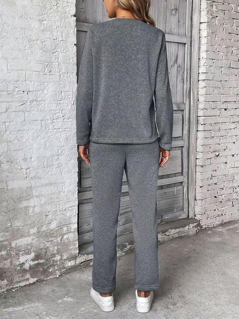 Completo da Donna Moda a Manica Corta con Scollo Rotondo e Taschino, Pantaloni a Gamba Dritta