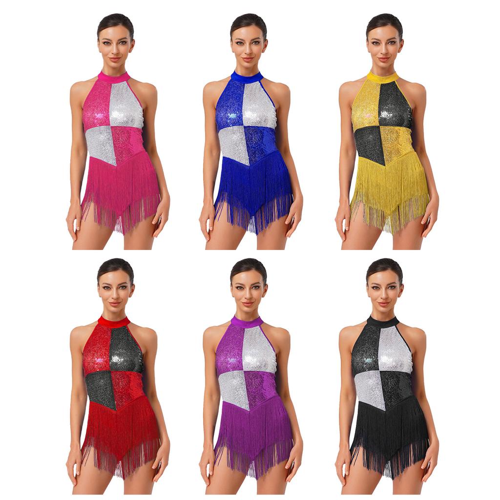 Damen Latin Jazz Samba Tanz Performance Kostüm Ärmellos Rückenfrei Farbblock Glitzernde Pailletten Fransen Body