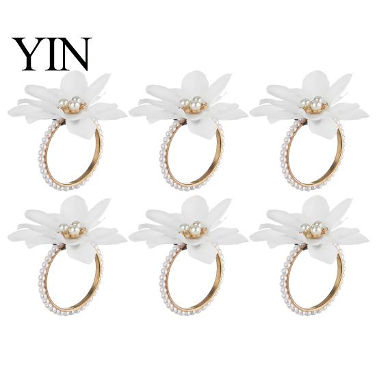 Luxury Table Decor 6Pcs White Lotus Napkin Rings, Chiffon Flower Metal Ring Holders, Faux Light Dining Accessory Pearl Dinner Rings for Wedding Bridal