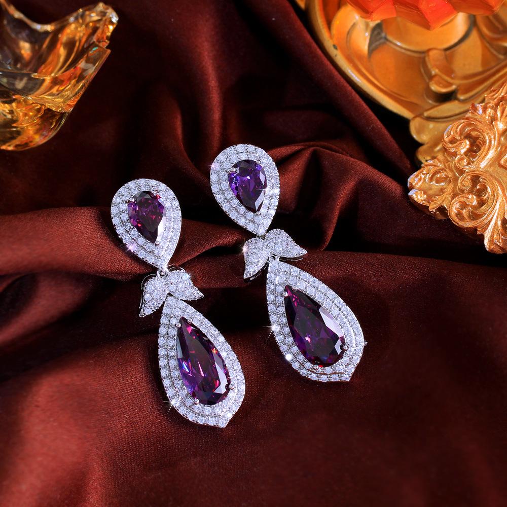 Long Heavy Industry Zircon Water Drop Pear Shaped Purple Earrings Dress Dress Dinner Wedding Accessories Earrings