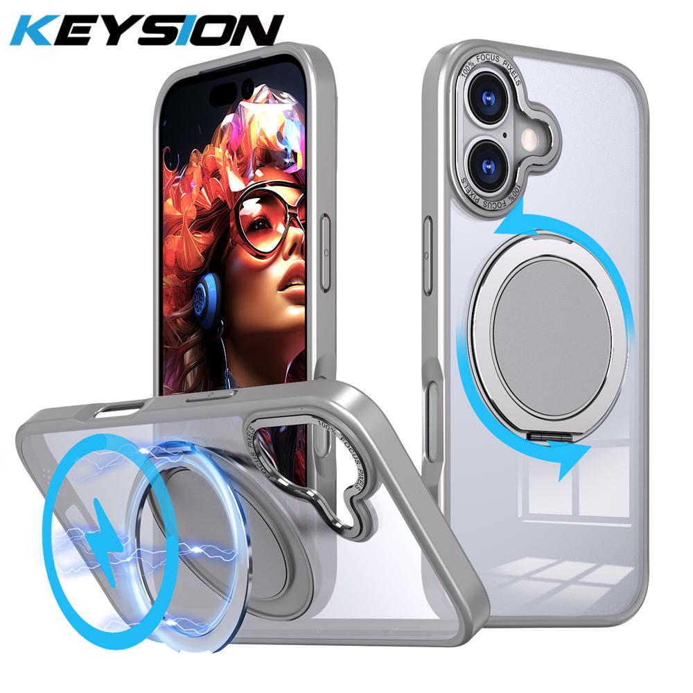 KEYSION Shockproof Matte Transparent Case for MagSafe for iPhone 17 17 Air 360° Rotating Magnetic Ring Stand Phone Back Cover