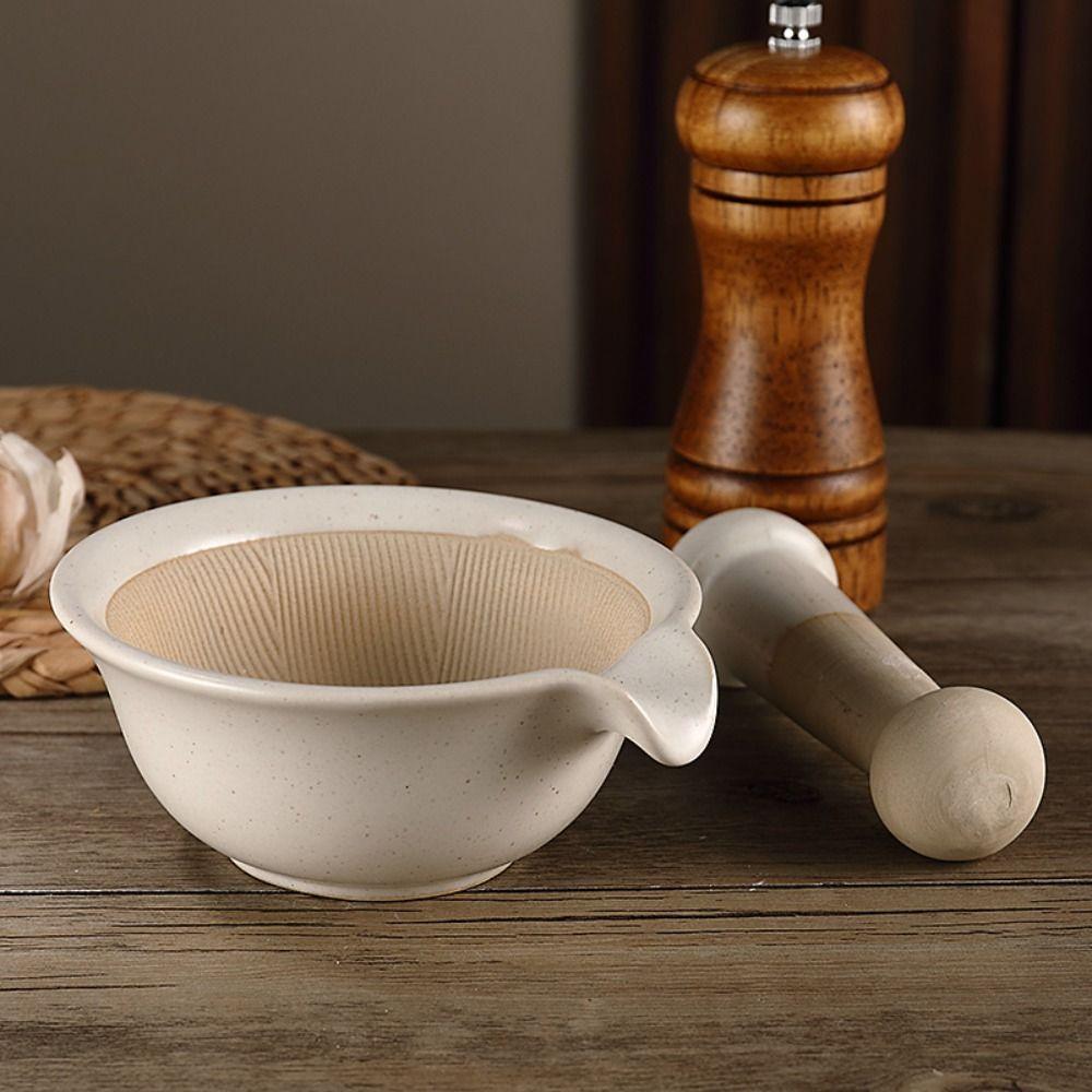 Ceramic Rice Paste Bowl Manual Garlic Mortar Pestle Grinding Bowl Rod Set  Baby Food Grinder