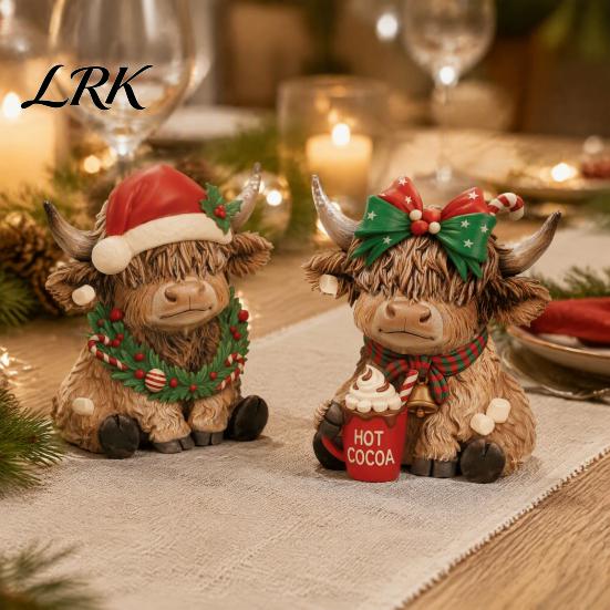 Wooden Holiday Tree Decorations 2/3Pcs Christmas Highland Cow Tabletop Sign, 2D Flat Yak Desktop Figurines Figurine Ornament with Garland Bow