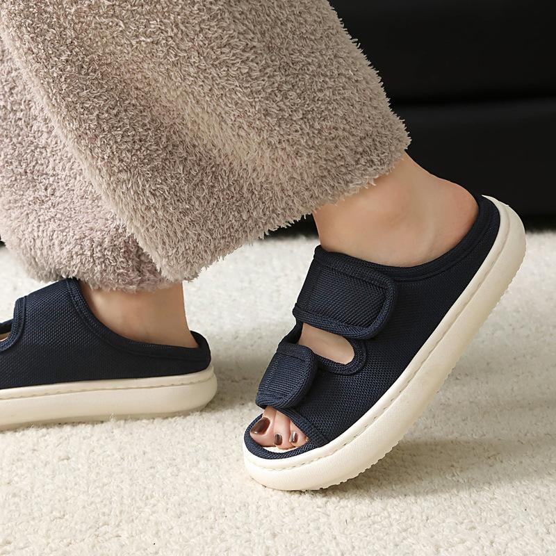 Pánské a dámské prodyšné letní pantofle z lnu absorbující pot, protiskluzové a snadno nazouvatelné a zouvatelné otevřené sandály na suchý zip pro domácí nošení