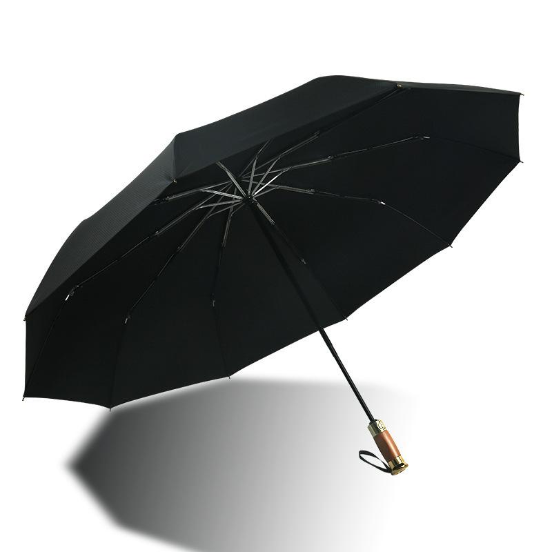 Business 10 bone automatic wooden handle umbrella aluminum alloy high-end three-fold umbrella 110CM enlarged waterproof umbrella
