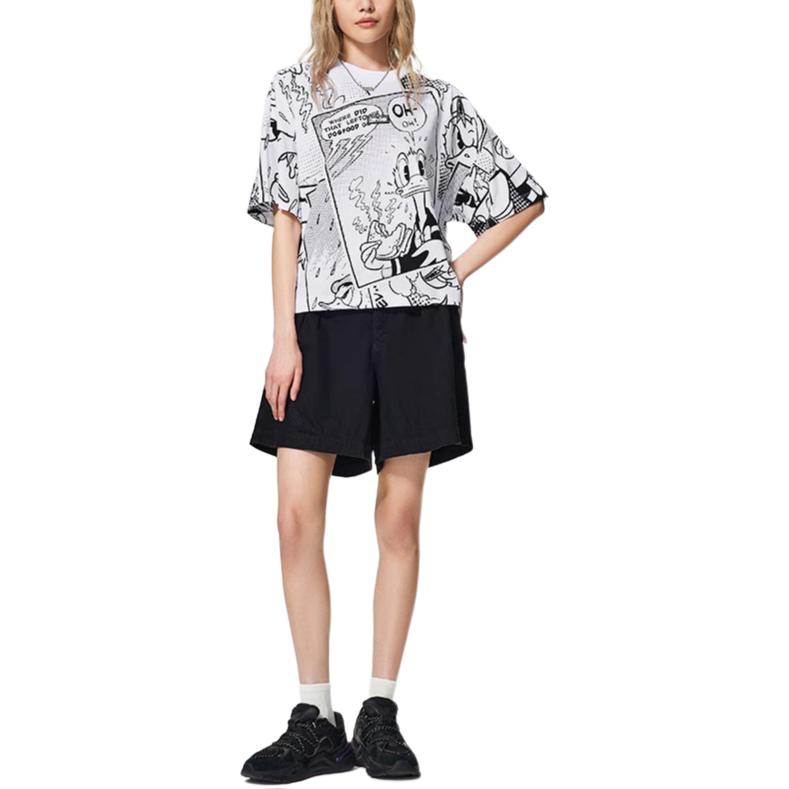 Li Ning X Disney Mickey Serie SS22 Cartoonmuster Allover-Print Lockeres Kurzarm-T-Shirt Damen Tops Schwarz Weiß AHSS272-3