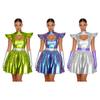 S-3XL Damen Rollenspiel Alien Kostüm, Glänzendes Metallic Kleid mit Strukturierten Schultern, Ausschnitt am Hals & Handschuhe Weltraumparty Outfit