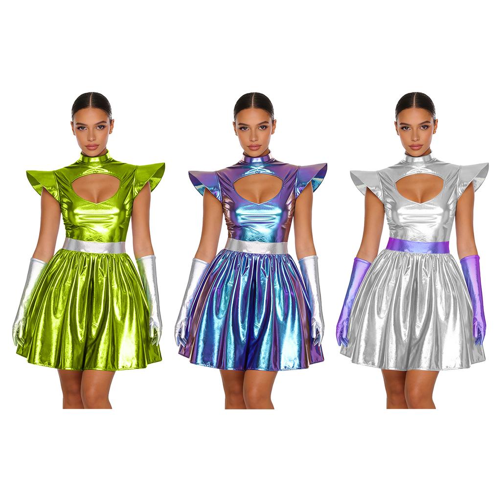 Damen Alien Cosplay Kleid Metallisch Glänzend Schulterklappen Cutout Hals A-Linie Astronauten-Motto Party Kostüm