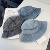 Spring and Summer Retro Fashionable Crystal Hot Diamond Letter Washed Denim Flat Top Fisherman Bucket Hat Versatile Casual Bucket Hat