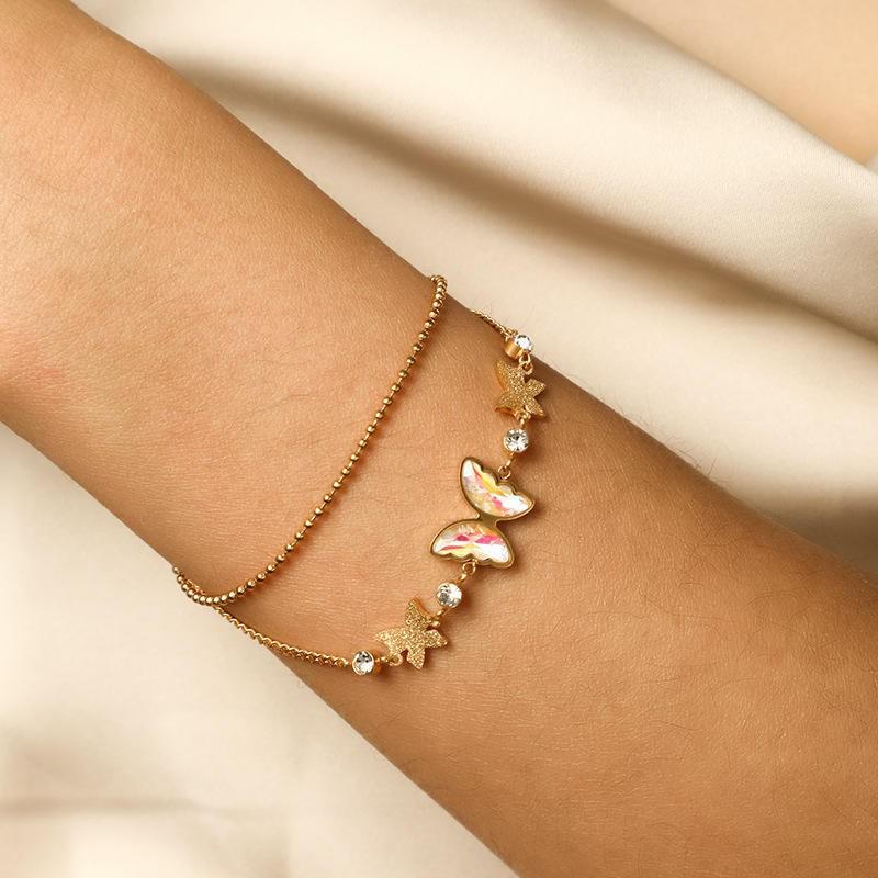 Womens Titanium Steel Butterfly Zircon Pendant Layered Bracelet Fashion OL Style Lightweight Luxury Accessory