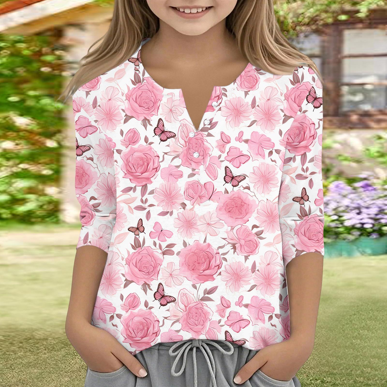 

Печатные топы для девочек-подростков, V-образный вырез, пуговицы, 3/4 рукава, футболки, модные топы, наряды, футболки 110 светло-розовый