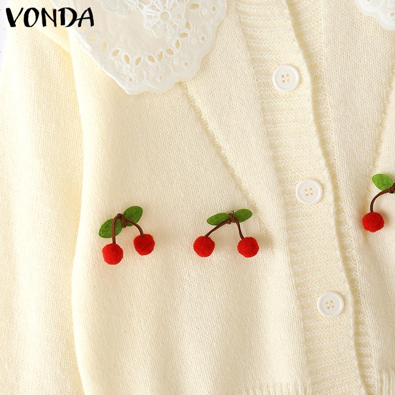 VONDA Oversized Women Long Sleeve Lace Splicing Casual Loose Knitted Sweaters
