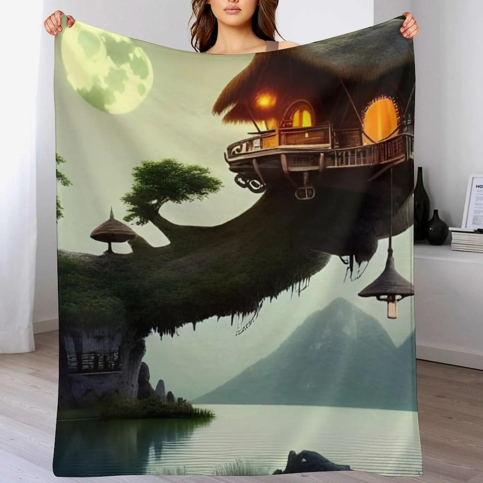 Moonlit tree house generated by artificial intelligence Throw Blanket Stylish Warm Blanket for Living Room Bedroom 102x76cm(40x30in)
