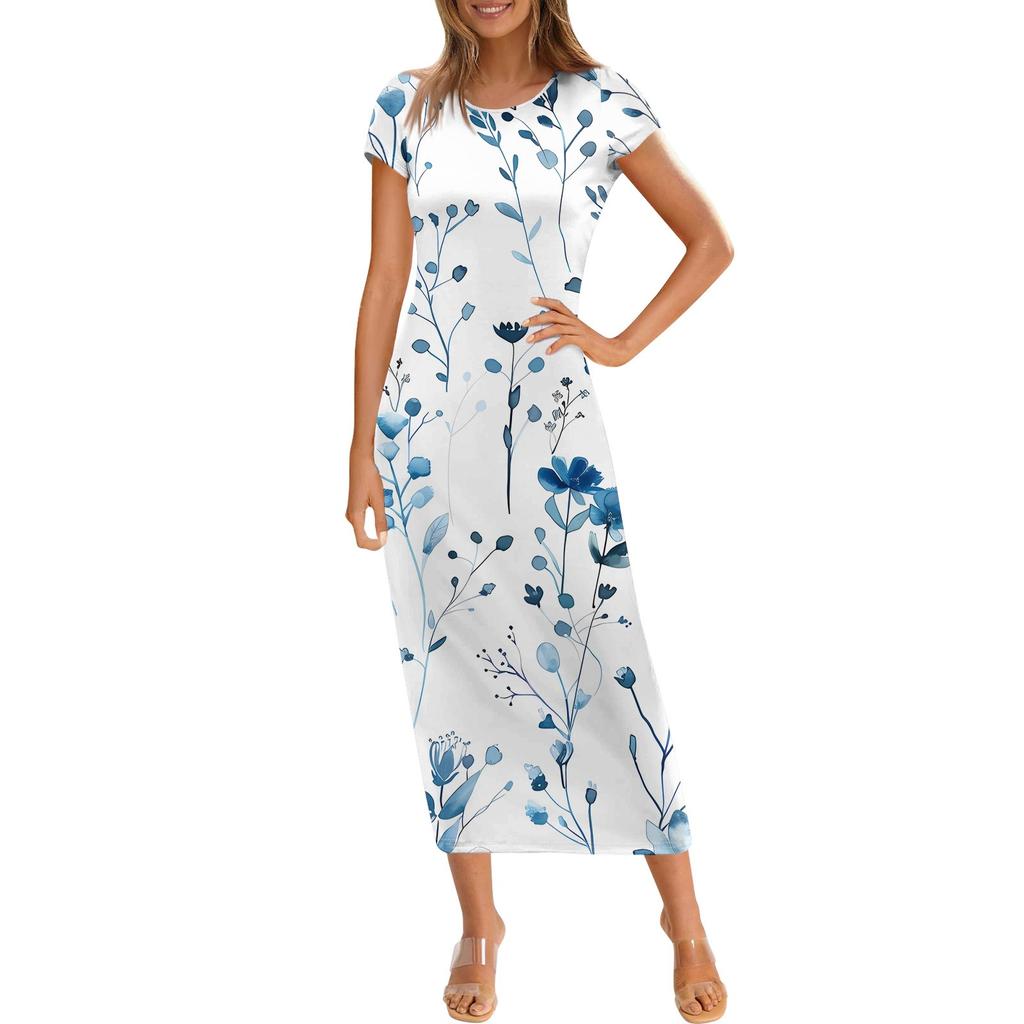 Women's Fashion Casual Print Round Neck Short Sleeve Long Dress