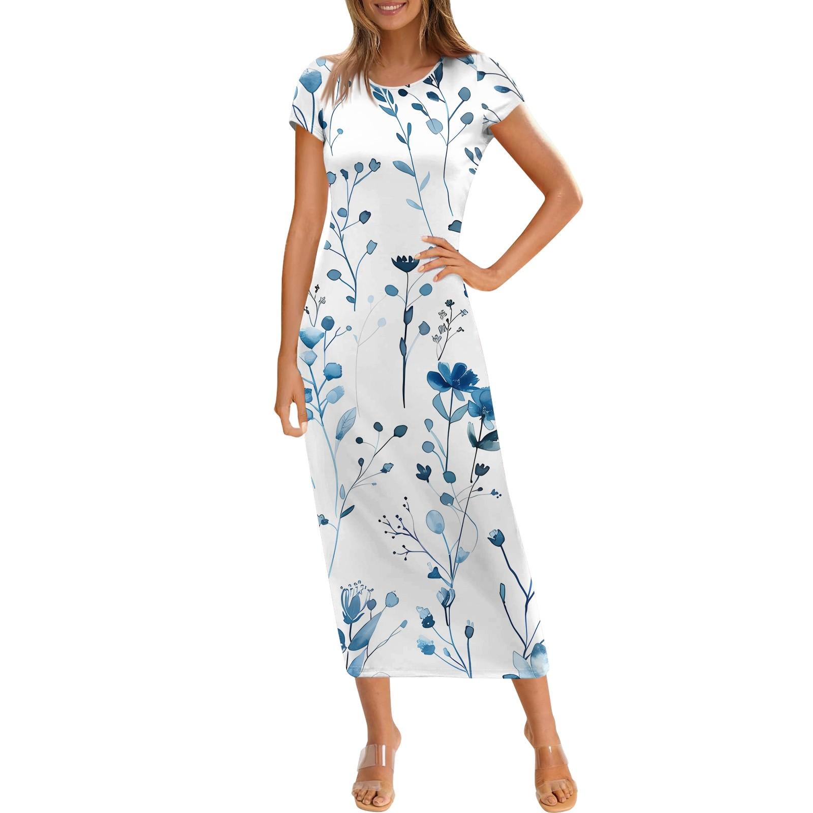 Women s Fashion Casual Print Round Neck Short Sleeve Long Dress S