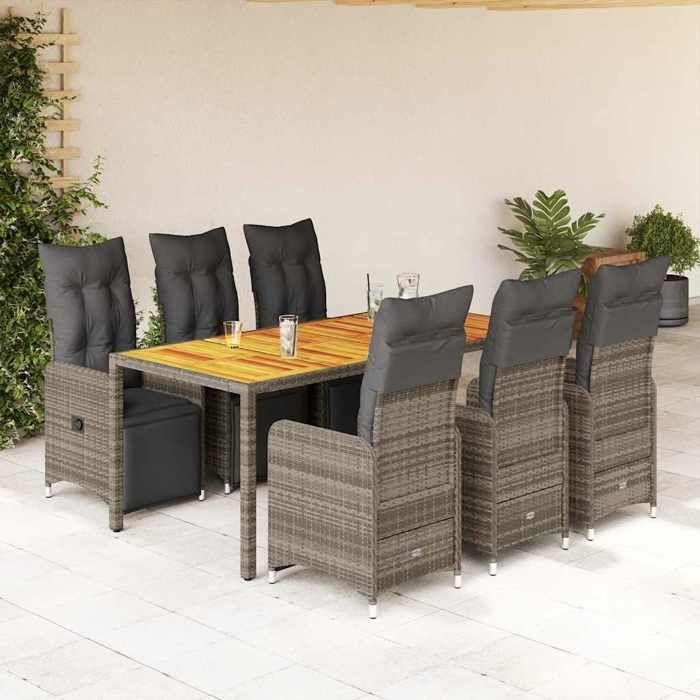 VidaXL Garden Bistro Set 7 Pcs Grey Cushions Poly Rattan 3277161