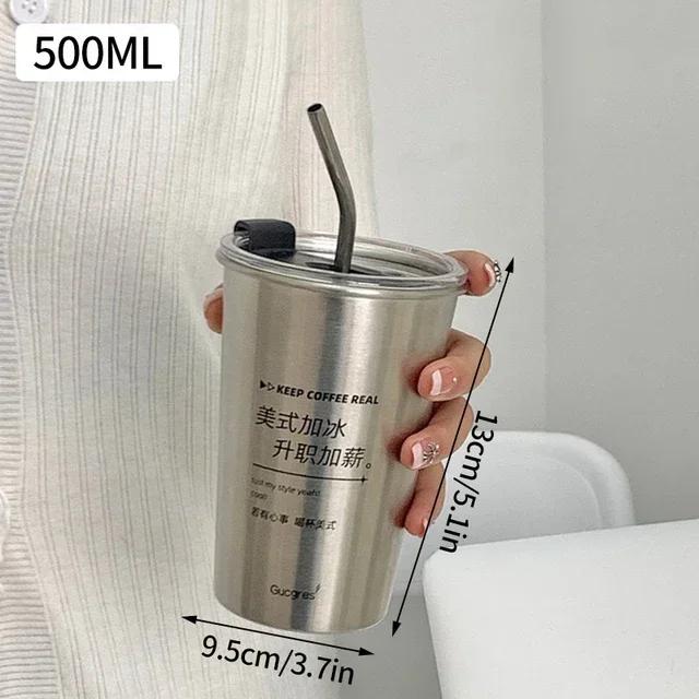 New  Stainless Steel Coffee Mug with Straw Lid Portable Coffee Cup Drinking Beer Milk Water Cup Restaurant Bar Party 500ml