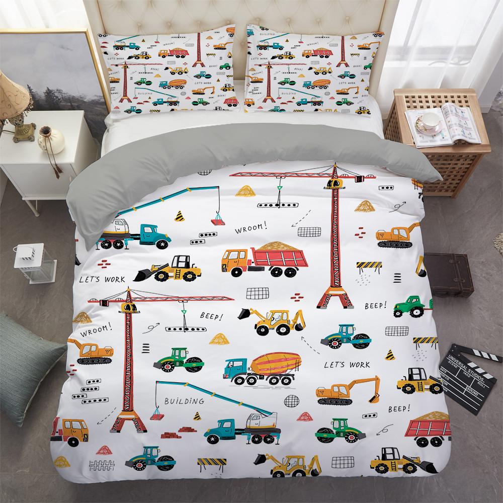 Excavator Tractor Duvet Cover Set Cartoon Machinery Bulldozer Pattern Bedding Set for Kids Boys Polyester Bedding Set King Size