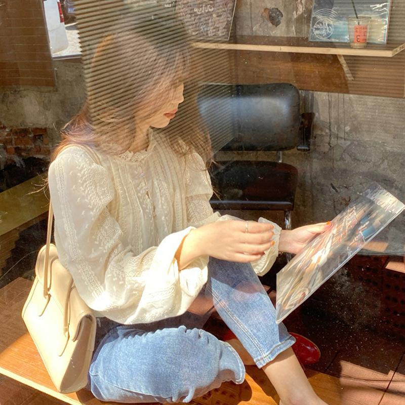 Spring O-neck Elegant Blouse Puff Sleeve Sweet Women's Shirt Fashion New Lace Long Sleeve Tops