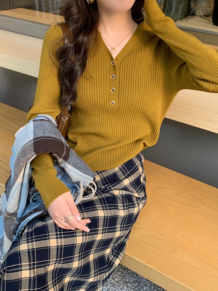 

Модный женский вязаный свитер с V-образным вырезом, пуловер, базовая рубашка, весенний топ с длинными рукавами на пуговицах, однотонный, повседневный, офисный, элегантная одежда One Size