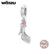 WOSTU Shiny Glass Slipper 925 Sterling Silver Heels Pink Heart Zircon Pendant Charm Fit Original Bracelet Jewelry