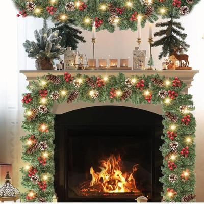 Guirlandas de Natal Artificiais Pré-iluminadas de 9 Pés com 50 Luzes a Pilhas Temporizador 8 Modos, Decoração de Natal Guirlanda Exterior