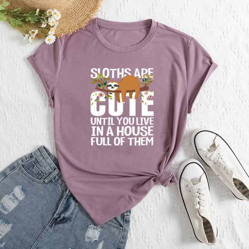 Summer Women's Fashionable Letter Sloth Short Sleeved Casual Loose Cotton Round Neck Top