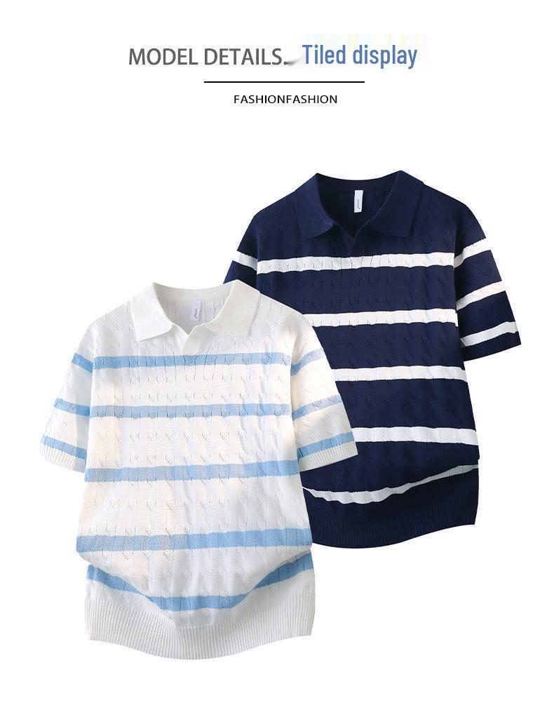 2026 Japanese Style White Striped Lapel Polo Knit T-Shirt for Men - Summer Short Sleeve