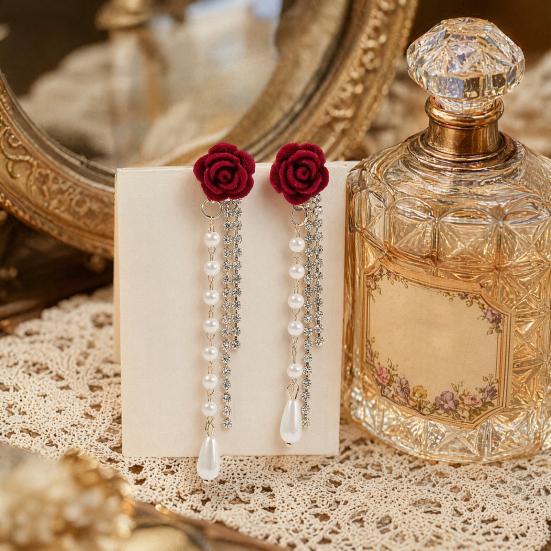 1 Paar Roos Kwastje Hangende Oorbellen voor Vrouwen, Kunstparel Strass Franje Stud Oorbellen, Hypoallergeen Lichtgewicht Drop Oorbellen