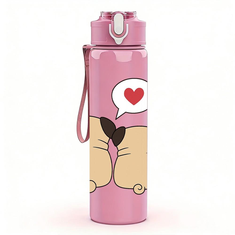 1PC Couple Pug Dogs Love Heart 750ml Color Plastic Sports Water Bottle Leakproof Flip Straw Lid Suitable for Sports Office Home Use