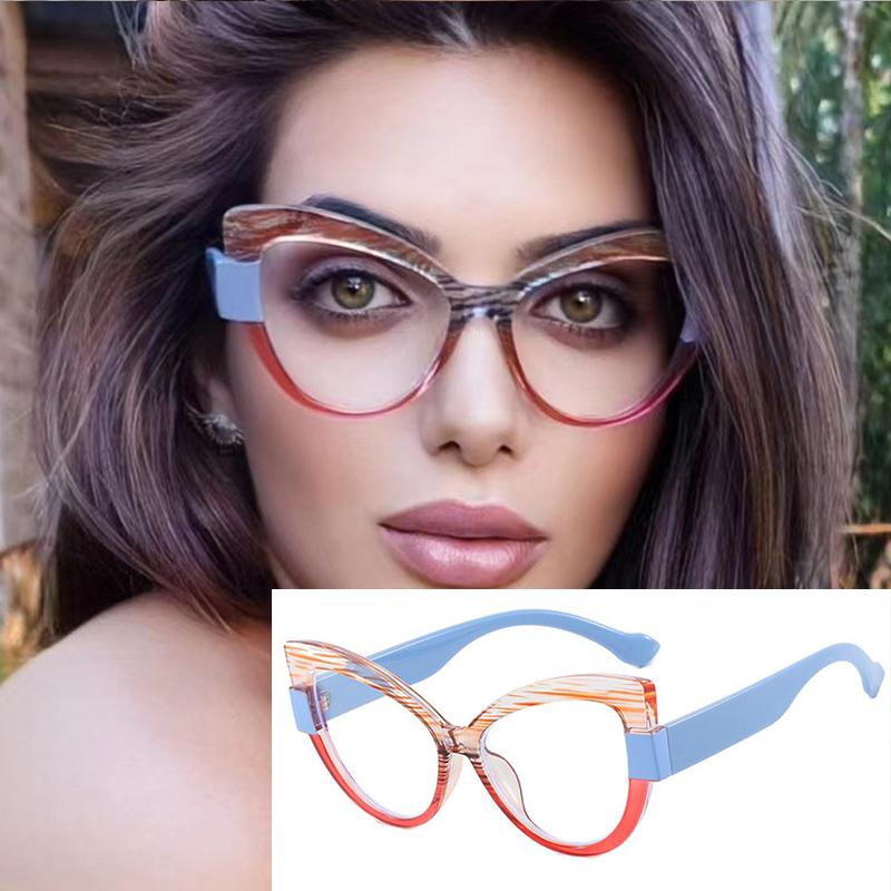 Luxury Oversized Cat Eye Reading Glasses Women Vintage Double Color Frame Anti Blue Light Computer Eyeglasses