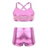 Kids Girls 2 Piece Ballet Active Outfits Shiny Tank Top with Booty Shorts Gymnastics Leotard Dance Gym Workout Clothes