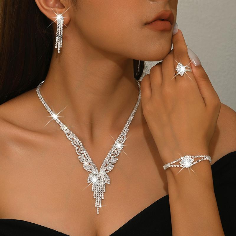 S Set Women'S Fashion Hollow Tassel Necklace Ring Earrings Bracelet Jewelry Set Wedding Banquet Party Festival Gift For Lady