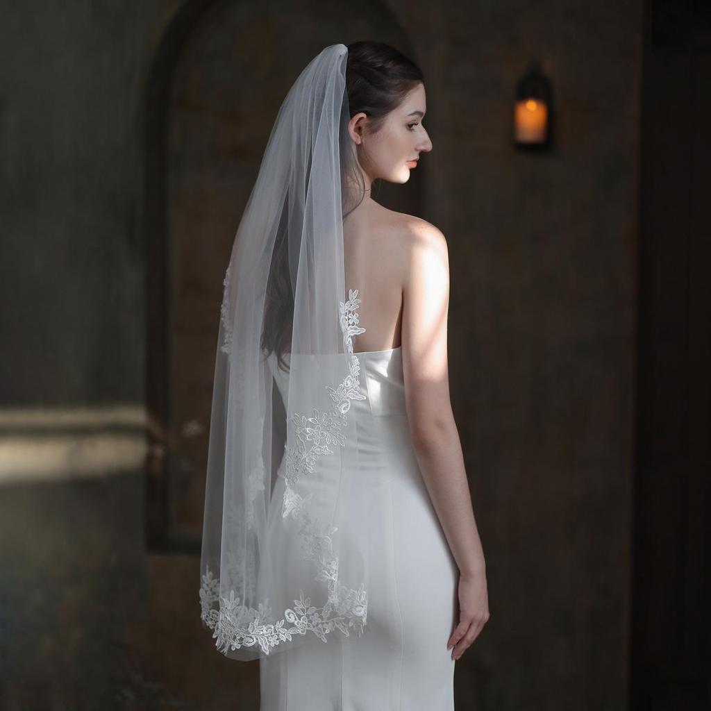Xinmeiji Women's White Lace Edge Bridal Veil, European & American Style, Single Layer, Wedding & Travel Headpiece V683-1