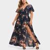 Short Sleeve Maxi Dress Flower Print Women High Split Waist Tight Plus