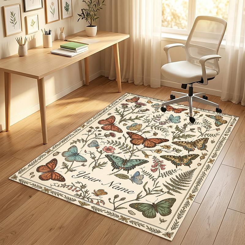 Butterflies Birds Night Theme Soft Crystal Velvet Rug Custom Name & Text Print Non Slip Floor Rug for Bedroom Living Room